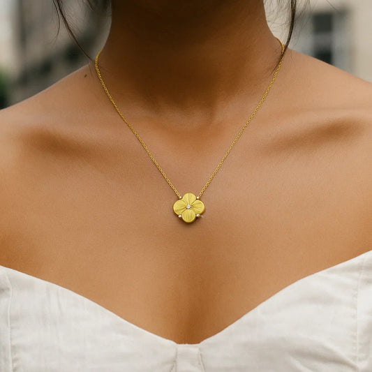 14K Yellow Gold Diamond Radial Clover Pendant Necklace