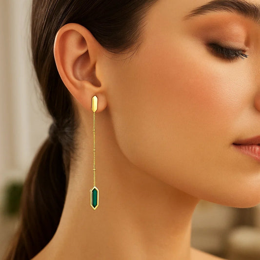 Malachite 14K Yellow Gold Hexagon Drop Earrings