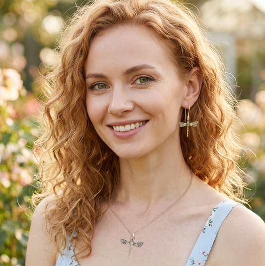 Scrollwork Dragonfly 18k Yellow Gold and Sterling Silver Drop Earrings