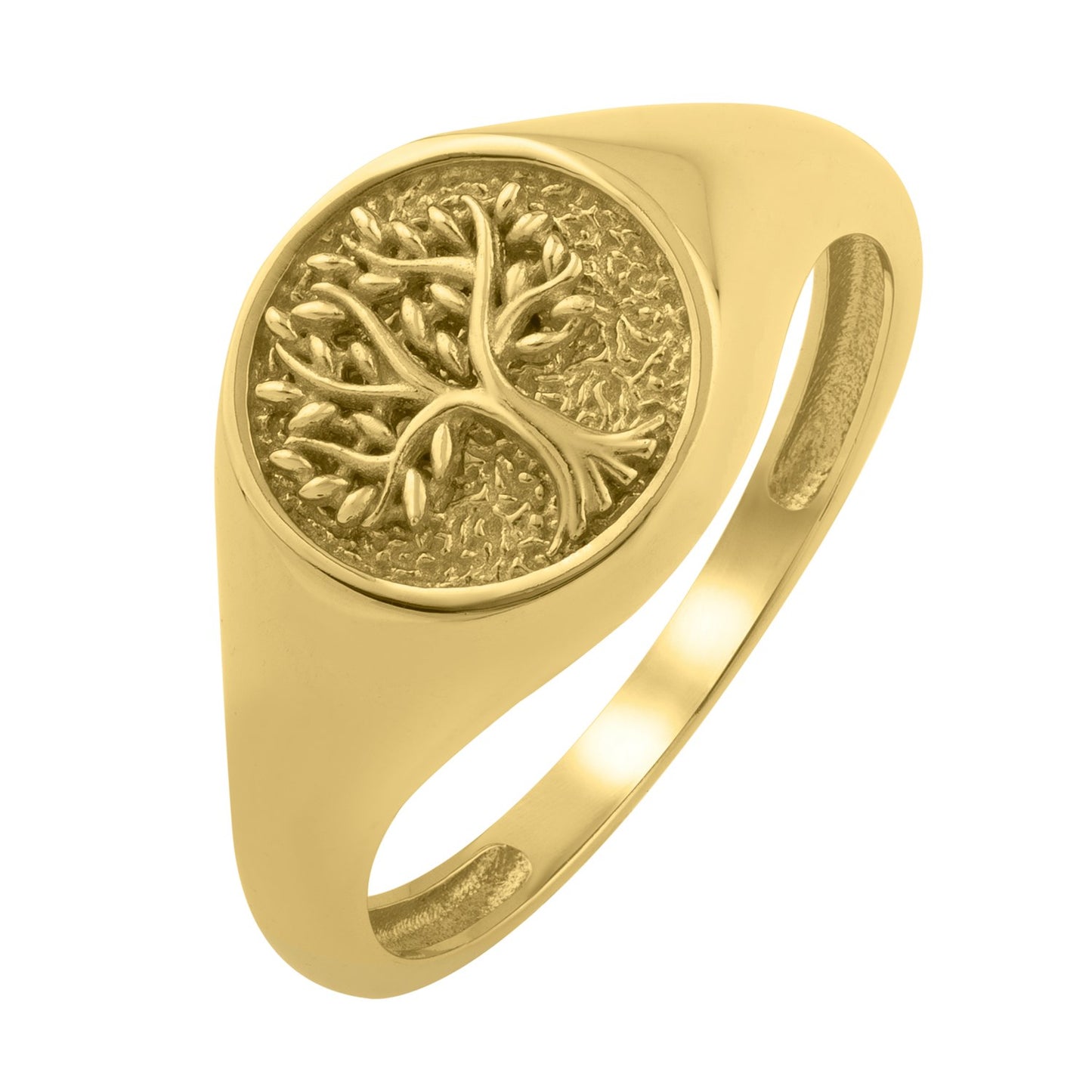 Smooth 14K Yellow Gold band with engraved Tree of Life on a textured field Signet Ring, frontal view