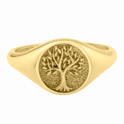 Smooth 14K Yellow Gold band with engraved Tree of Life on a textured field Signet Ring, profile view