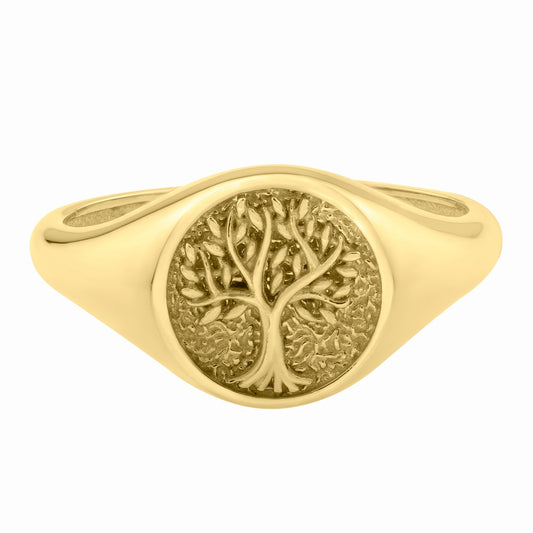 Smooth 14K Yellow Gold band with engraved Tree of Life on a textured field Signet Ring, profile view