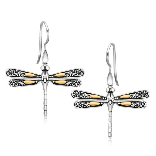 Sterling Silver Dragonfly earrings with gold drop accents