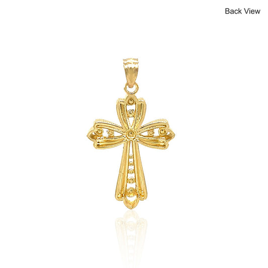 Backside view of two tone cross, all yellow gold