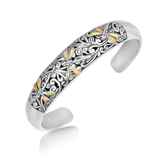 Scrollwork Dragonfly 18k Yellow Gold and Sterling Silver Cuff (12.70 mm)