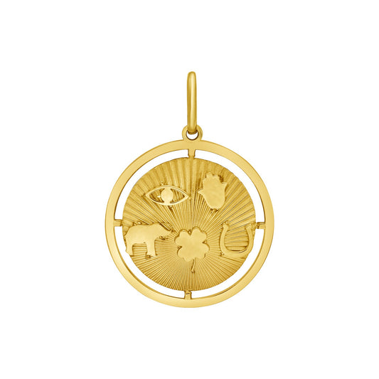 14K Yellow Gold Radial Lucky Symbols Disc Charm Pendant