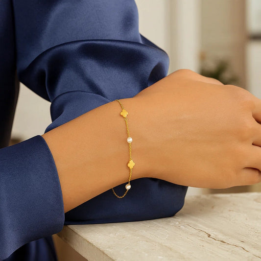 Clover - 14k Yellow Gold Clover & Pearl Bracelet