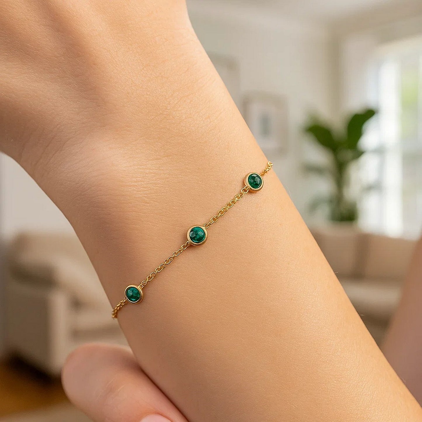 Emerald and 14K Yellow Gold Station Bracelet