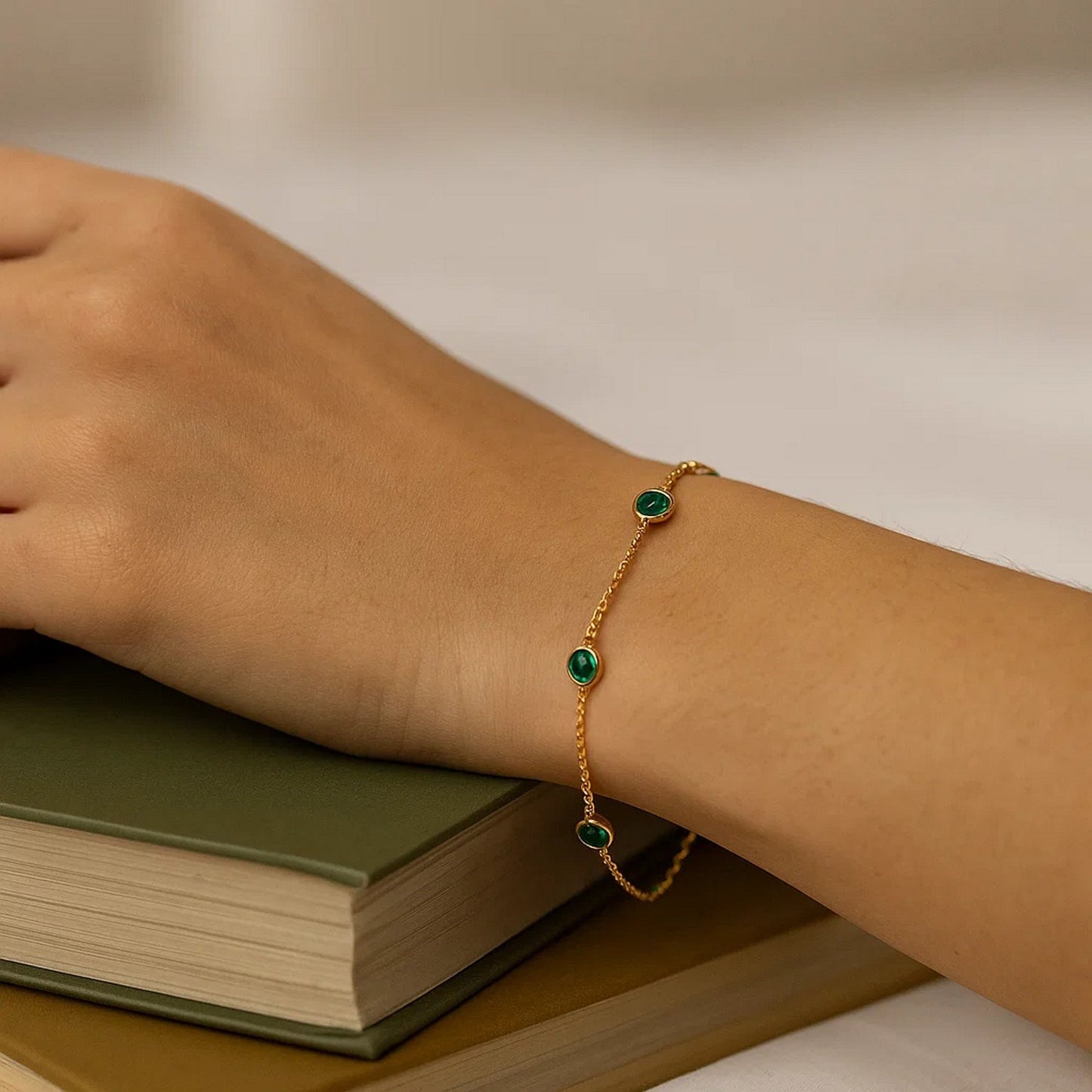 Emerald and 14K Yellow Gold Station Bracelet