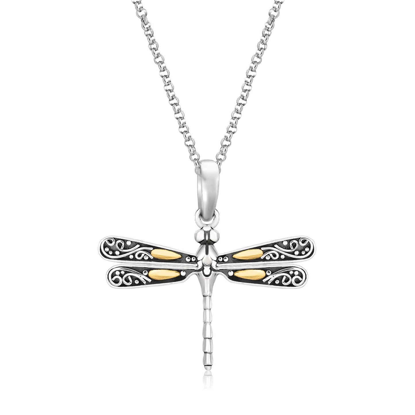 Scrollwork Dragonfly - 18k Yellow Gold and Sterling Silver Pendant
