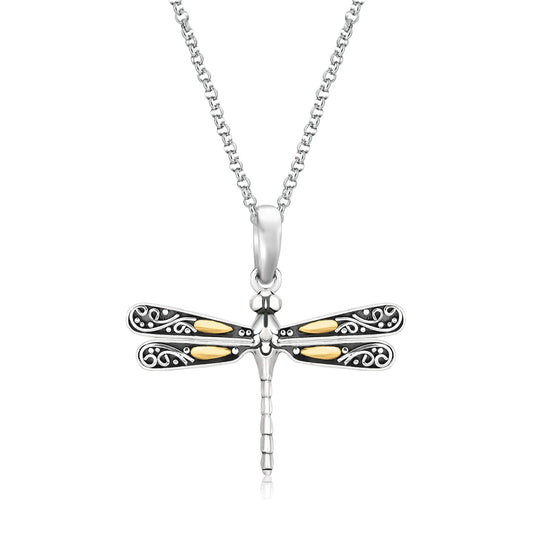 Scrollwork Dragonfly - 18k Yellow Gold and Sterling Silver Pendant