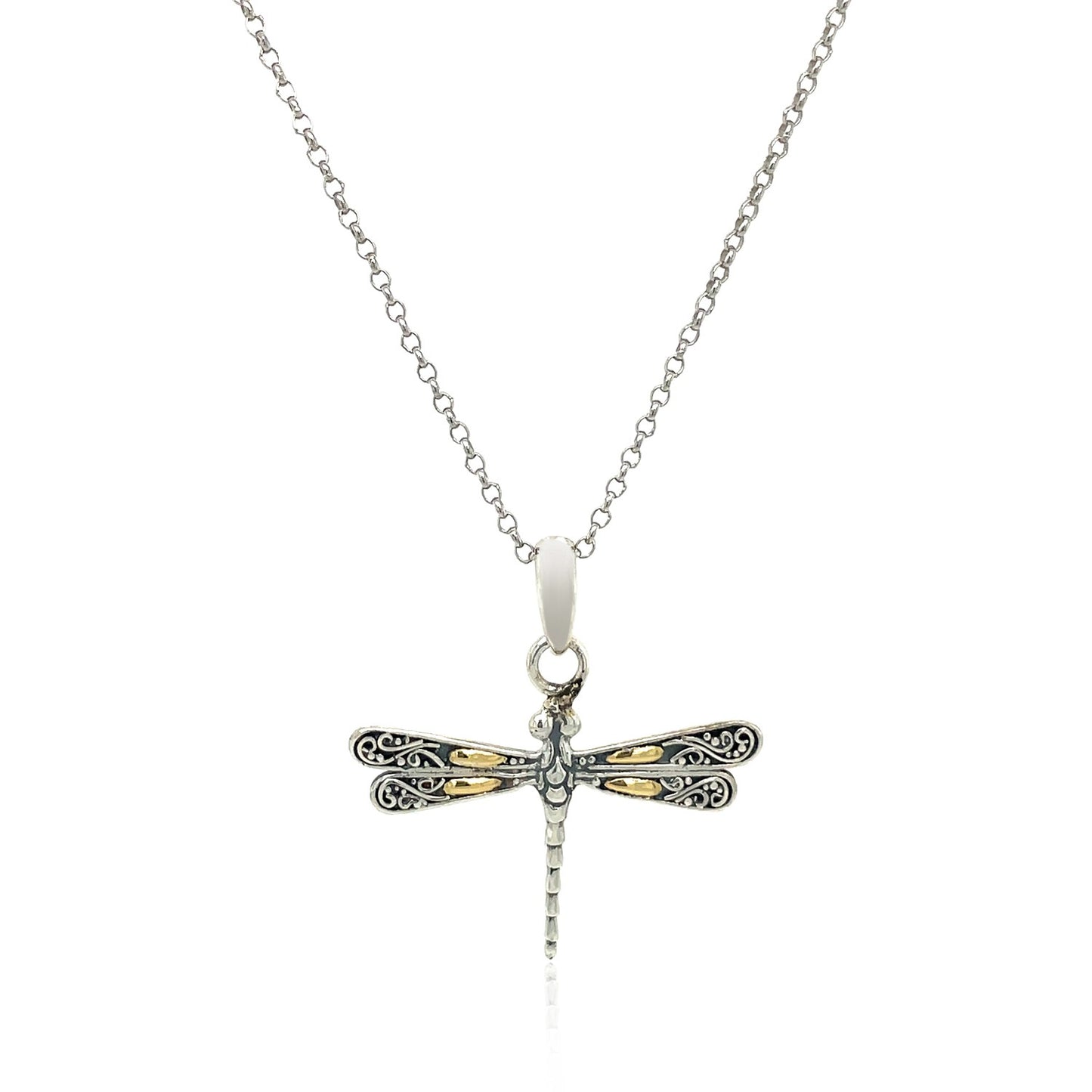 Scrollwork Dragonfly - 18k Yellow Gold and Sterling Silver Pendant