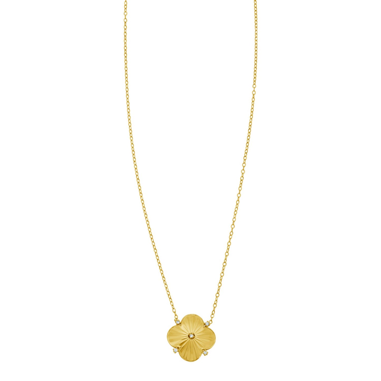 14K Yellow Gold Diamond Radial Clover Pendant Necklace