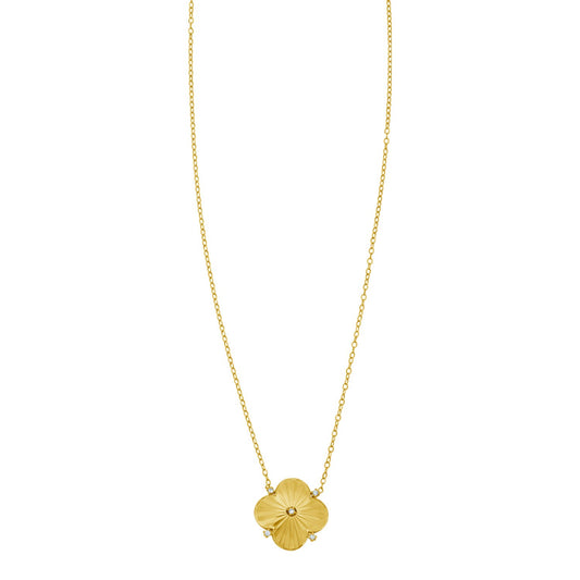 14K Yellow Gold Diamond Radial Clover Pendant Necklace