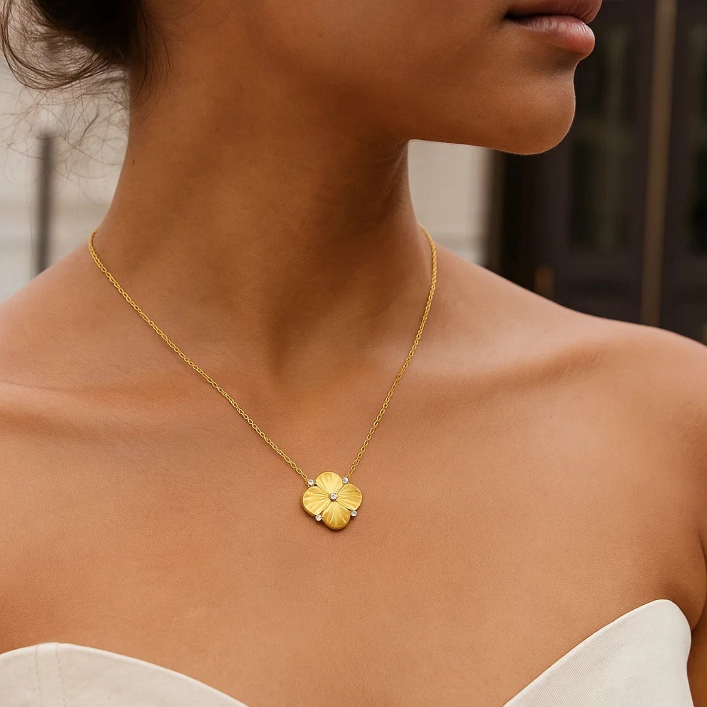 14K Yellow Gold Diamond Radial Clover Pendant Necklace