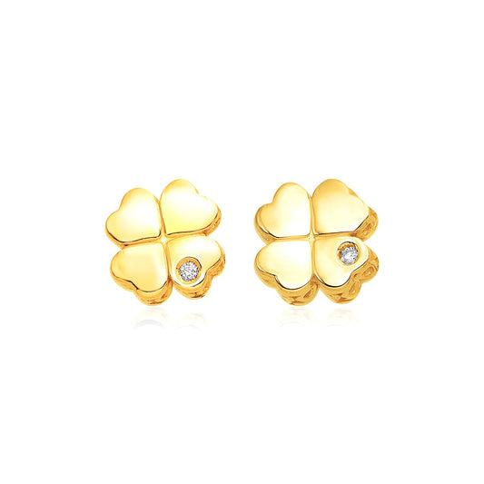 Four Leaf Clover 14k Yellow Gold Polished Earrings with Diamonds(7mm)