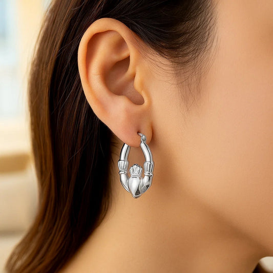 Claddagh Symbol 14K White Gold Claddagh Symbol Hoop Earrings