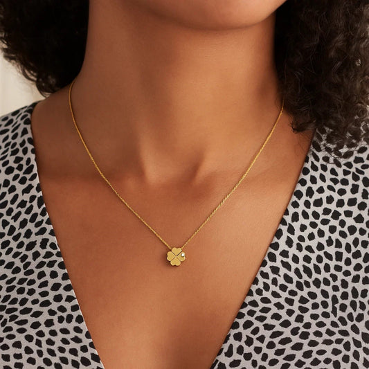 Four Leaf Clover 14k Yellow Gold Polished Necklace with Diamond