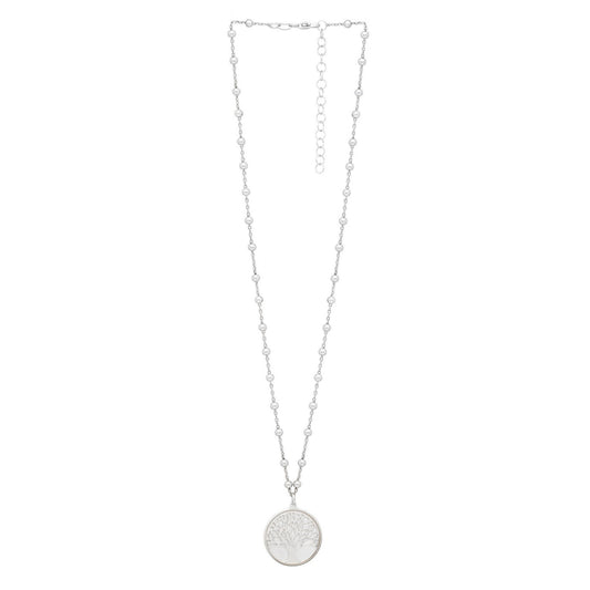 Tree of Life Rhodium Plated, Sterling Silver Circular Pendant Necklace