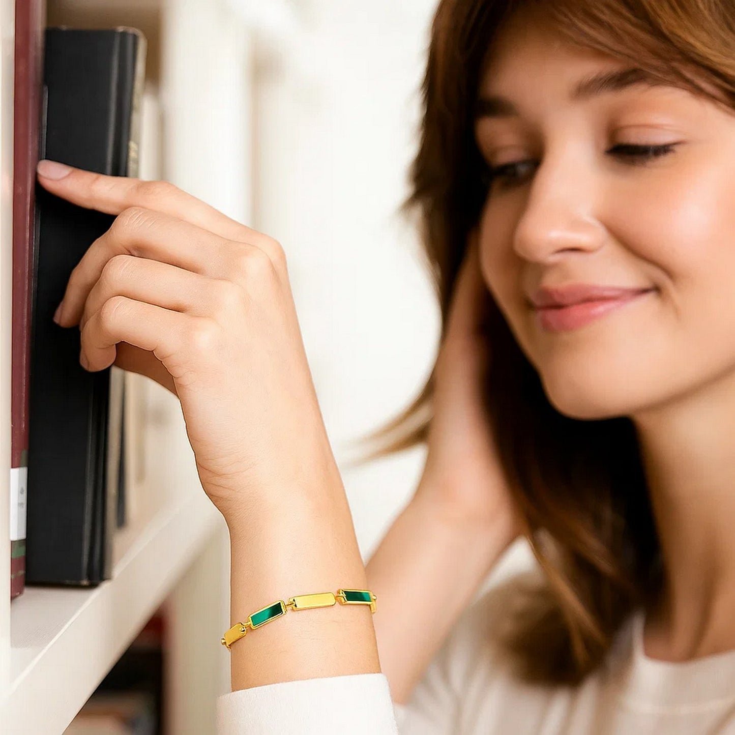 Malachite 14K Yellow Gold Rectangle Links Bracelet (3.50 mm)