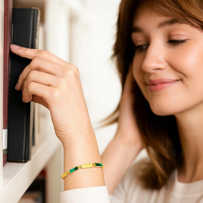 Malachite 14K Yellow Gold Rectangle Links Bracelet (3.50 mm)