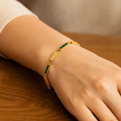Malachite 14K Yellow Gold Rectangle Links Bracelet (3.50 mm)