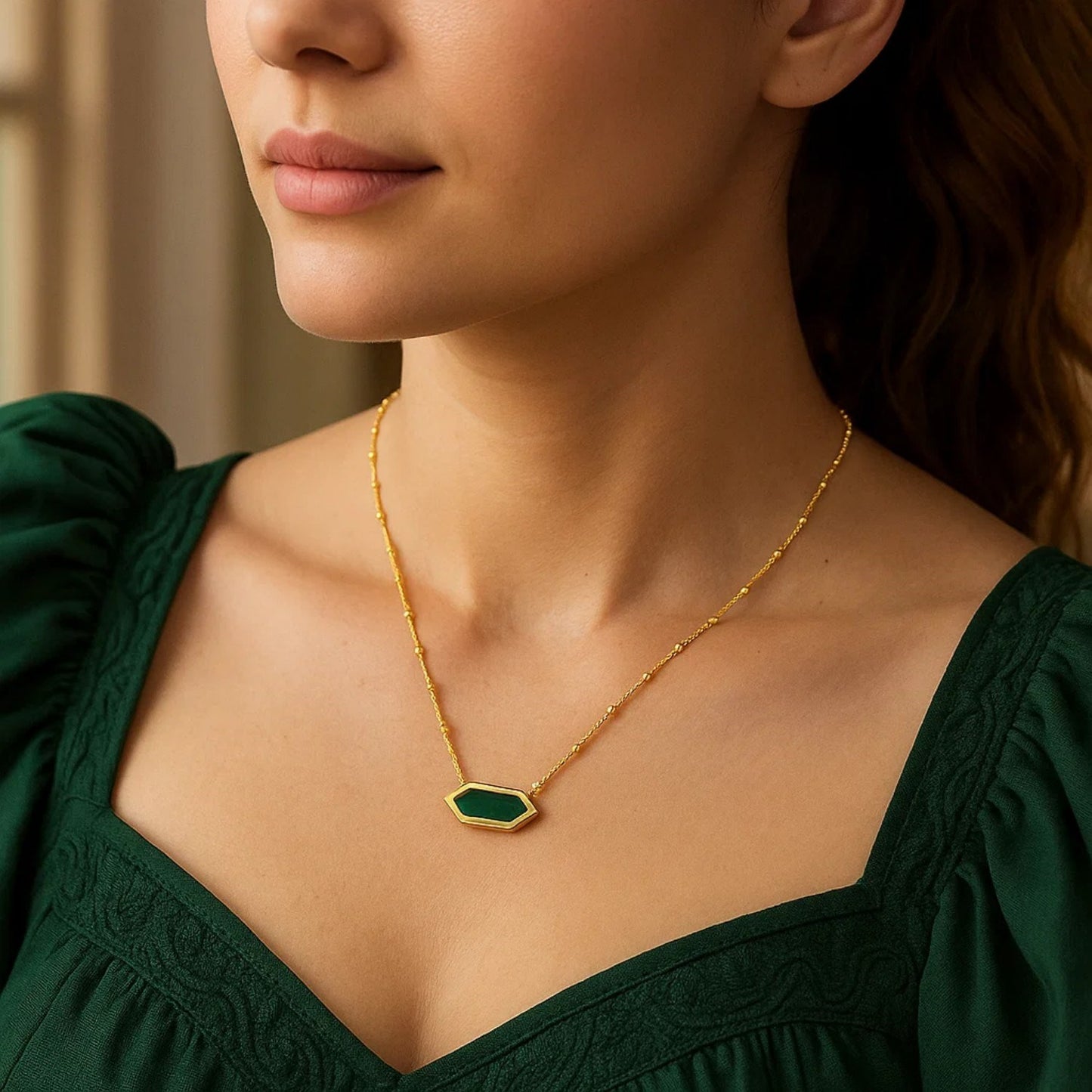 Malachite 14K Yellow Gold Hexagon Pendant Necklace