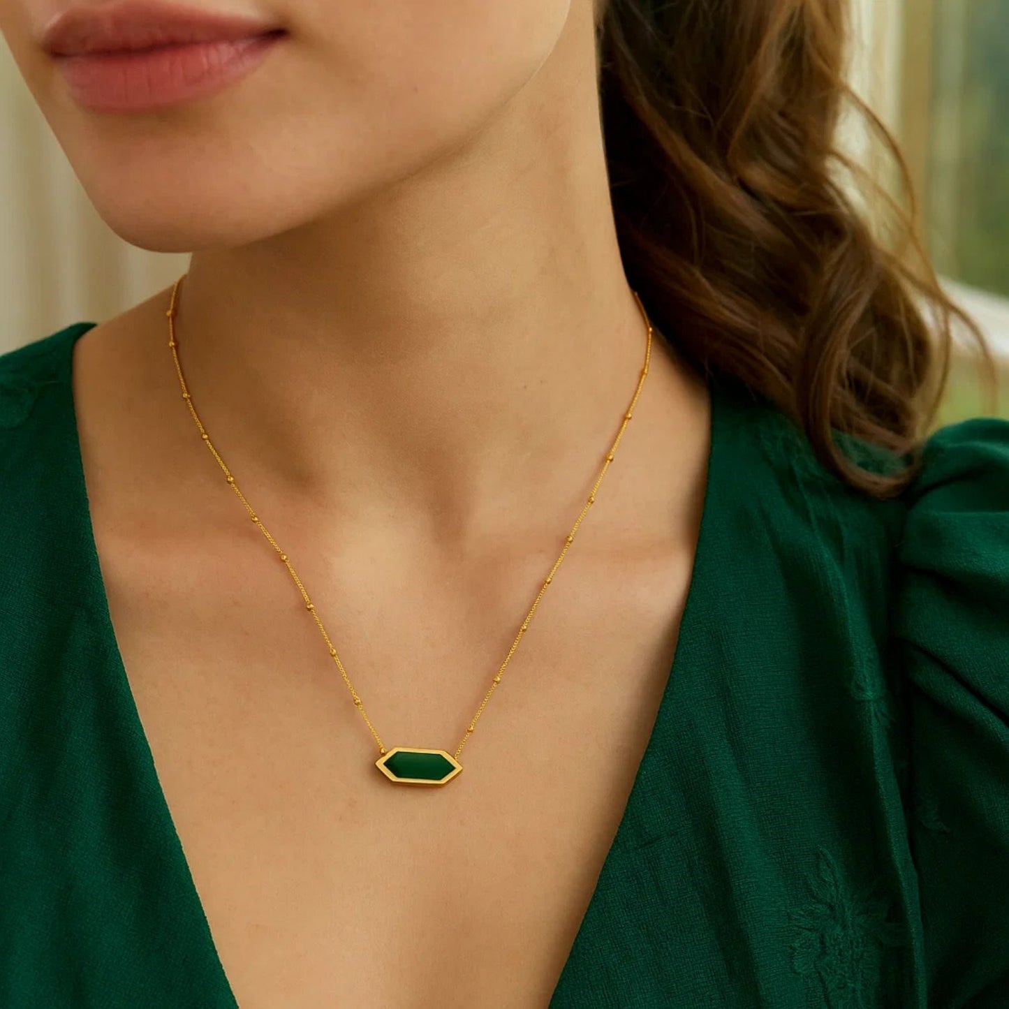 Malachite 14K Yellow Gold Hexagon Pendant Necklace
