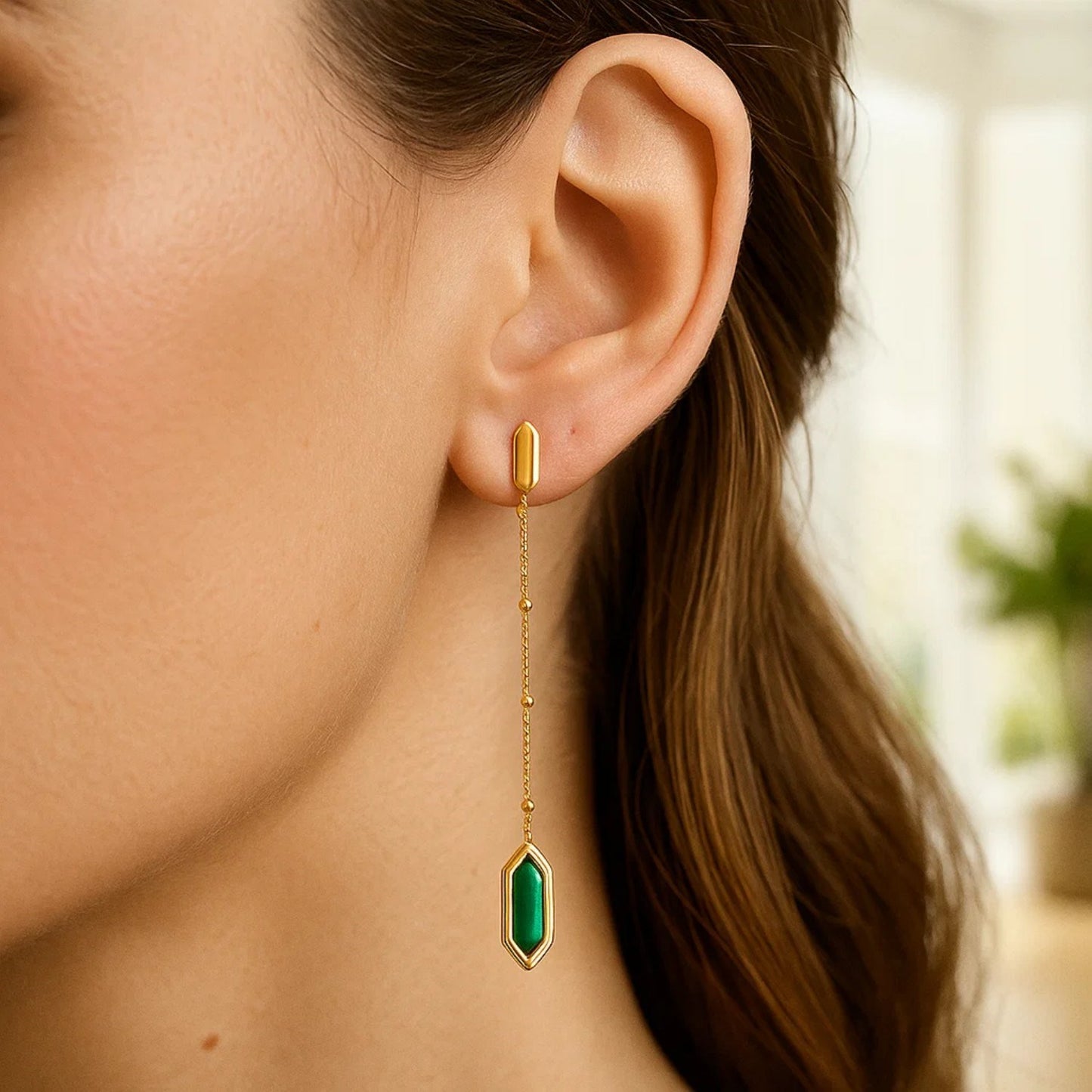 Malachite 14K Yellow Gold Hexagon Drop Earrings