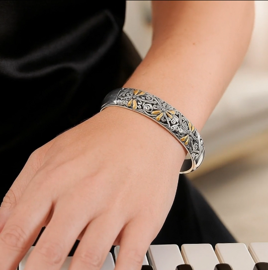 Scrollwork Dragonfly 18k Yellow Gold and Sterling Silver Cuff (12.70 mm)